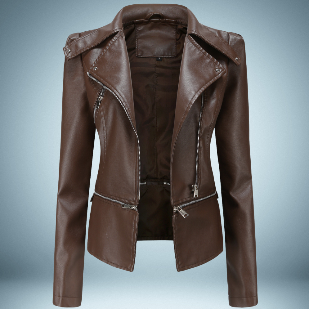 Zaraya - a premium leather jacket that redefines modern elegance with its open-collar design